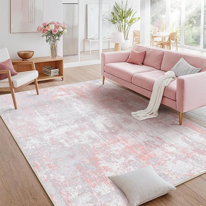 RELEANY Washable 8'x10' Abstract Area Rug for Living Room Gray Pink | Carpet for Bedroom, Kitchen, Office, Hallway and Entryway, Printed Pattern, Non‑Slip, Soft, Stain‑Resistant, Easy to Clean