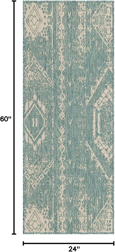 Unique Loom Outdoor Bohemian Collection Area Rug - Anthro (2' x 5' Runner Light Aqua/Ivory)