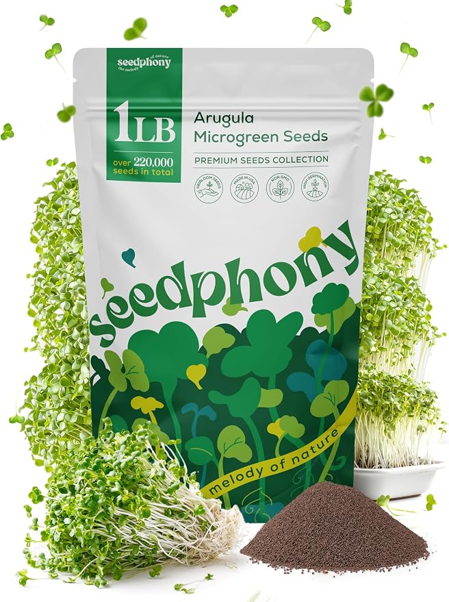 Seedphony Arugula Sprouting & Microgreens Seeds - 220,000 Non-GMO Heirloom Seed, 1lb Resealable Bag - High-Germination Arugula Seeds for Sprouting in Jars, Soil, Hydroponics & Microgreen Trays