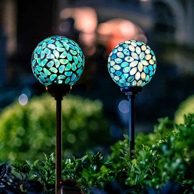 VCUTEKA Decorative Solar Garden Lights, 3.5" Mosaic Globe Stake 2 Pack | Mosaic Glass Design, Solar LED Light, Weather Resistant, Auto On/Off and Metal Stake Design for Lawn and Patio