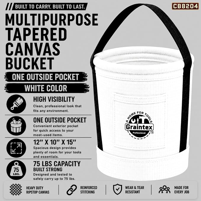Graintex Tapered Canvas Bucket 12"x10"x15", Utility Tool Bucket One Inside Pocket, Reinforced Base & Carry Handle, Ripstop Canvas (White)