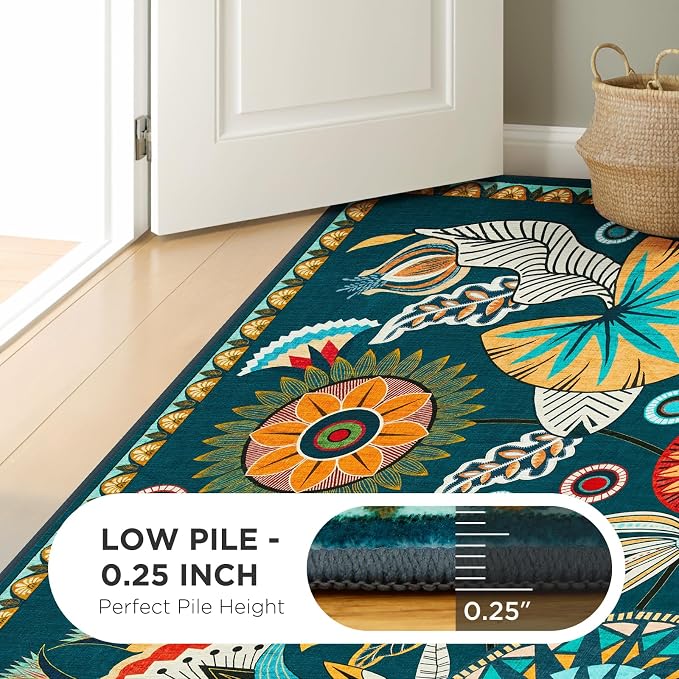 Joydeco Egypt Floral Boho 2x6 Washable Kitchen Hallway Bathroom Rug Runner | Dark Green Botanical Colorful Non Slip Stain Resistant Low Pile Flower Indoor Carpet Runner for Entryway Laundry Room Bedroom