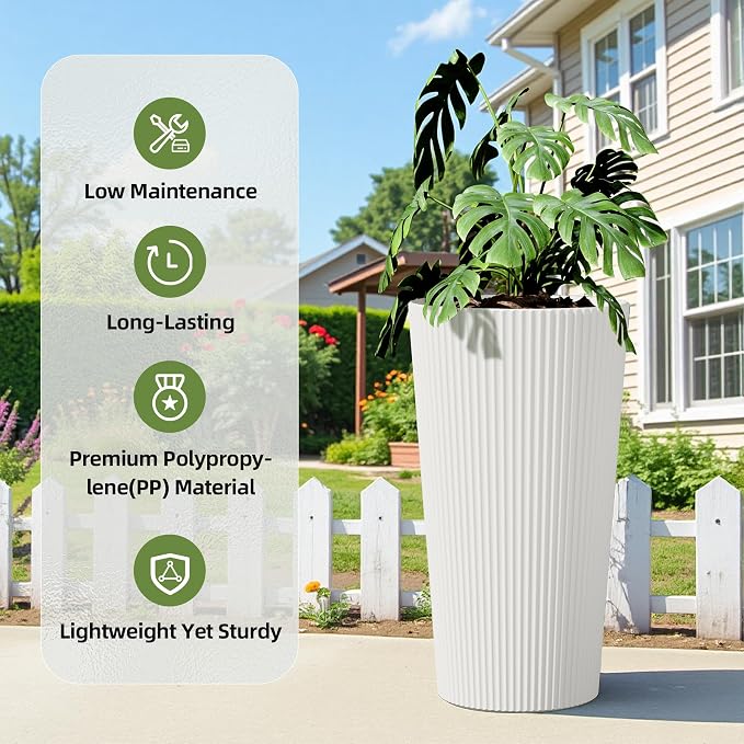 23.6" H Tall Planters for Outdoor Plants Set of 2 - Fluted Large Outdoor Planters for Front Porch Decor with Drainage Hole, Plastic Round Flower Pots Fits Indoor Plants Patio/Garden, White