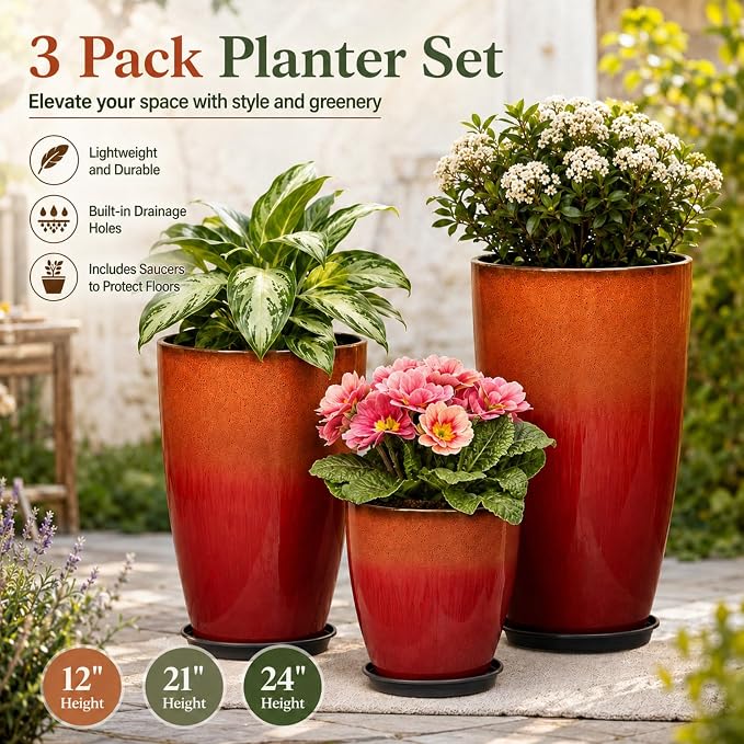 Neoaider Set of 3 Tall Planter, 24/21/12in Large Plastic Planter, Firey Red | Ceramic-Look, Lightweight, Built-in Drain Hole, Saucers, Tall Outdoor Planter for Porch, Garden, Patio, Balcony