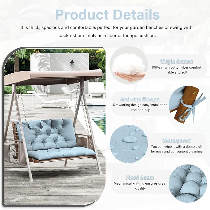Porch Swing Cushion with Backrest,Waterproof Bench Cushion for Outdoor Furniture,2-3 Seater Replacement Thickened 5 in swing cushion,with Ties,Patio,Outdoor,Backyard and Garden (Sky Blue,40x40 in)