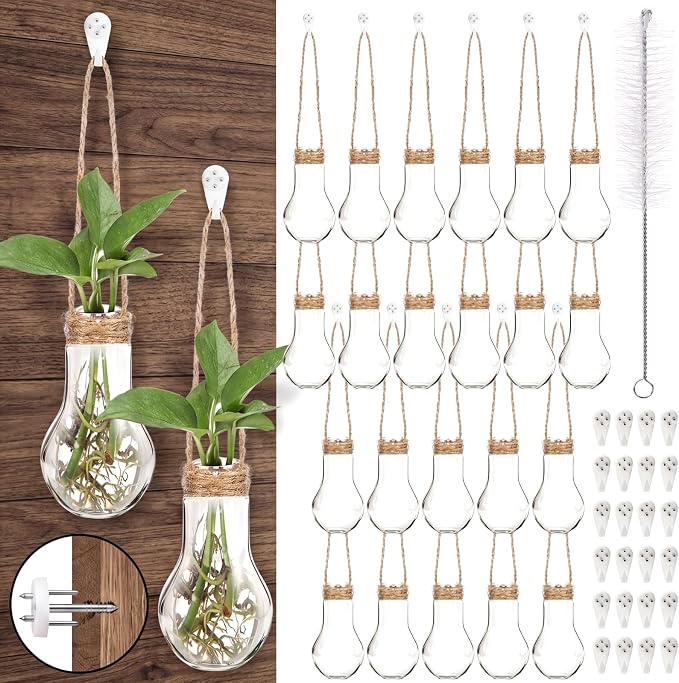 Baderke 24 Pack Hanging Propagation Station 3.9 Inch Plastic Plant Vases with Hooks & Cleaning Brush Clear Window Jars for Plant Clippings, Home Office Decor, Gardening Gifts for Women