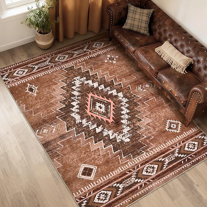 Yinhua Western Living Room Rug 5x7, Moroccan Washable Rug for Bedroom | Aztec Brown Rugs Non Slip Low Pile, Soft Non-Shedding Carpet for Nursery Classroom Office