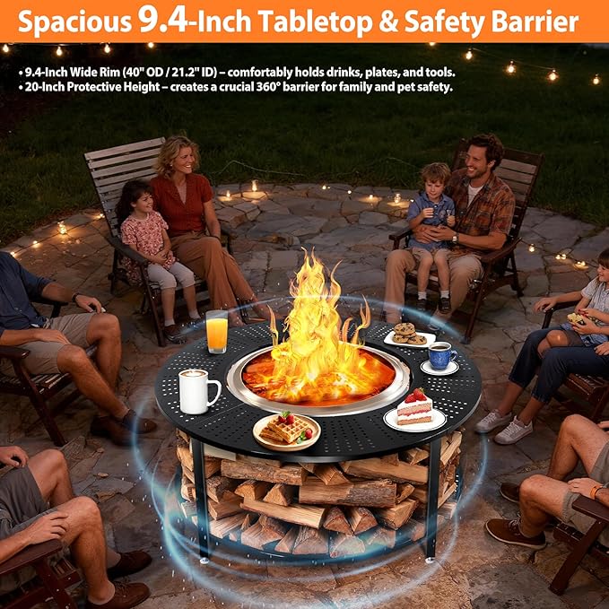 40 Inch Compact Fire Pit Surround Tabletop for Solo Stove Ranger & Tiki 20, Outdoor Patio Stand with Firewood Storage Shelf, Heavy Duty Steel, 200LB Capacity