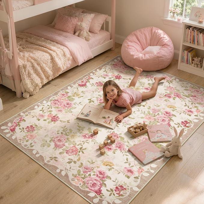 Lahome Pink Floral Nursery Rug 4x6, Low Pile Ultra-Thin Girls Bedroom Rug | Pet Friendly, Easy To Clean Non Slip Carpet For Baby Girl Nursery, Playroom And Cottage Decor