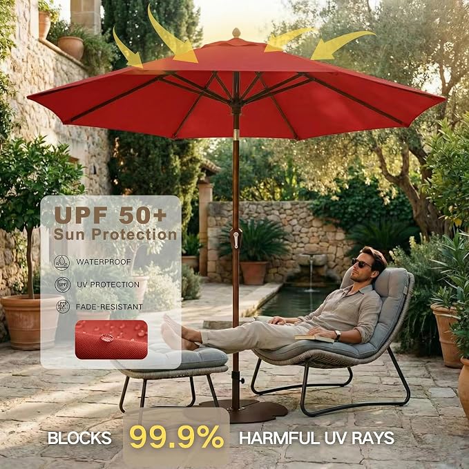 Kingdura 10FT Outdoor Patio Umbrella, Round Market Table Umbrella with Push‑Button Tilt and Crank Lift, 8 Sturdy Metal Ribs, UV50+ Protection Canopy for Backyard, Lawn, Deck, Poolside, Garden (Red)