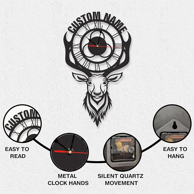 Personalized Indoor Outdoor Wall Clock, Deer Metal Cabin Decor, Custom Name Retro Art Hanging Clock, Hunter Gift, Large Roman Numeral Outdoor Wall Clocks for Patio Farmhouse Living Room Decor