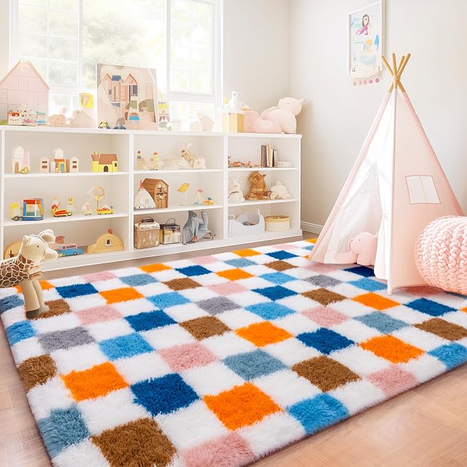 Checkered Rug 6x9 for Living Room, Ultra Shag Large Rainbow Area Rug for Bedroom, Modern Plush Soft Upgrade Non-Slip Fluffy Fuzzy Carpet for Kids Girls Room, Dorm Home Decor