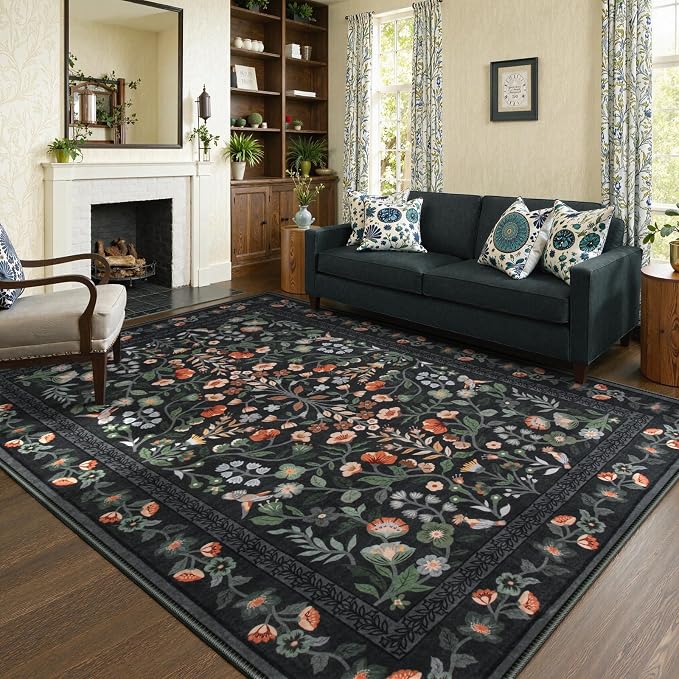Lahome Black Floral Washable Area Rug 8x10, Vintage Boho Carpet | Non Slip Stain Resistant Carpet for Living Room Bedroom, Low-Pile Soft Rug for Dining Room Office, Home Decor