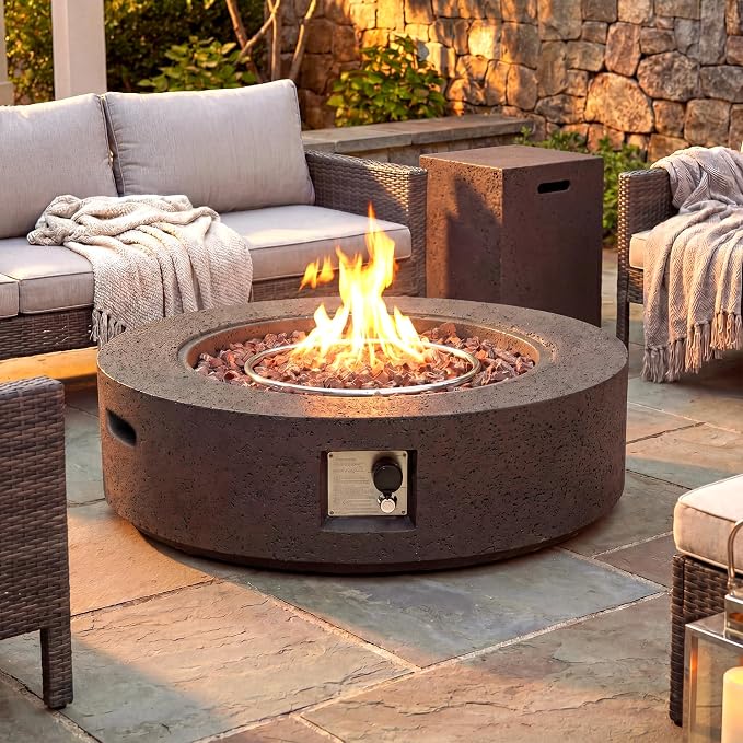 COSIEST 42 inch Outdoor Propane Fire Pit Coffee Table w Concrete Round Base Patio Heater, 50,000 BTU Stainless Steel Burner, Free Lava Rocks, Rain Cover, Brown