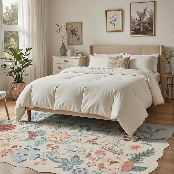 DCX Vintage Floral Washable Area Rug 8x10, Non Slip Low Pile Rug, Beige | Rugs for bedroom, living room, dining room, office, soft, kid & pet friendly, sain resistant indoor carpet, home decor