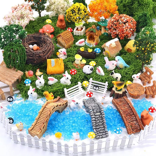 87 PCS Miniature Fairy Garden Accessories Kit with Moss & Trees Micro Landscape Ornament Village Set Resin Animal Figurines for Terrarium Bonsai Succulent Dollhouse Decor
