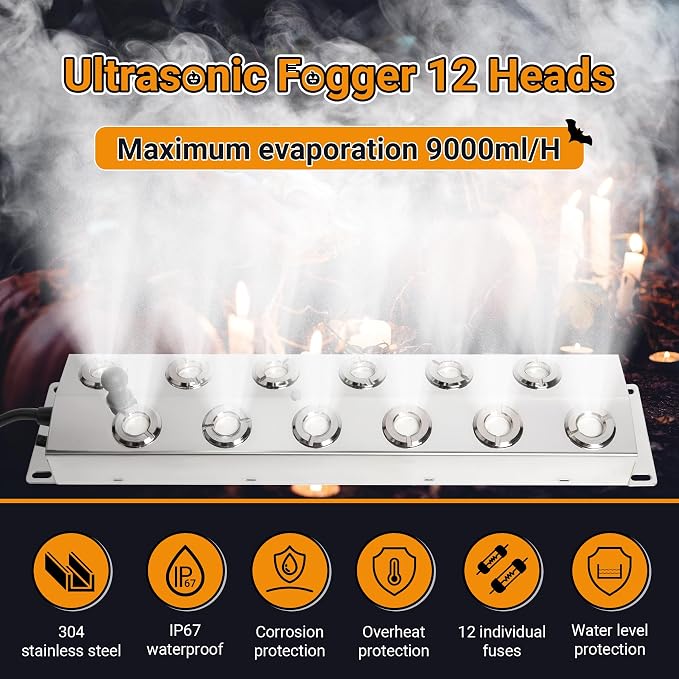 Ultrasonic Mist Maker Fogger 12 Heads, Ultrasonic Mister 9000ml/H | 400W & IP67 Waterproof Power Supply, with 2 Floats & 12 Atomizer Heads Replacements, Perfect for Fountain Pond, Halloween