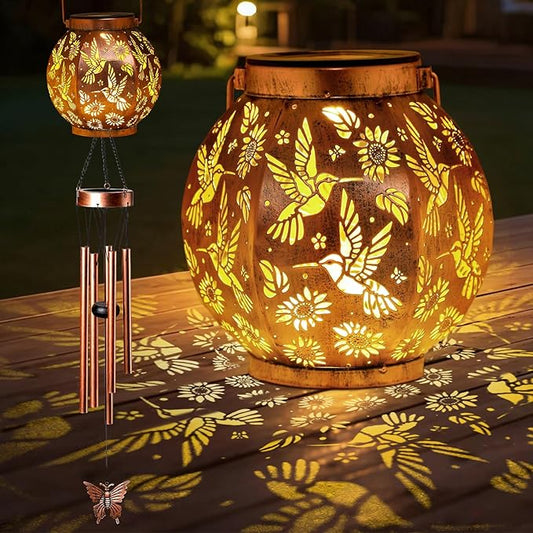 Christmas Hummingbird Lantern Wind Chime - Handcrafted Garden Art with Melodic Tones, Weather-Resistant Metal Wind Chime for Outdoor Patio, Porch, and Garden Decor, for Nature Lovers