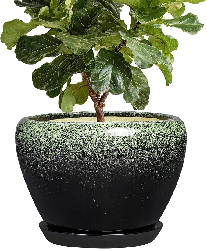 Ceramic Planters for Plants - 10 Inch Flower Pots with Drainage Hole and Saucer, Decorative Patio Planter for Outdoor Plants, Indoor Flower Pot, Home Decor, Gifts for Men Women, Retro Green