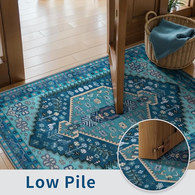 Ciicool 5x7 Area Rugs,Washable Large Boho Carpet for Living Room Bedroom | Oriental Low-Pile Soft Vintage Non-Slip Indoor Throw Teal Carpet for Kitchen Bedside Dining Room Foyer Decor