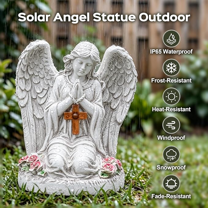 Solar Angel Garden Statues with Cross and 6 LED Lights, Solar Outdoor Decor for Patio, Balcony, Yard, Cemetery, Waterproof Praying Angel Figurines, Lawn Ornaments Gifts for Women, Mom, Grandma