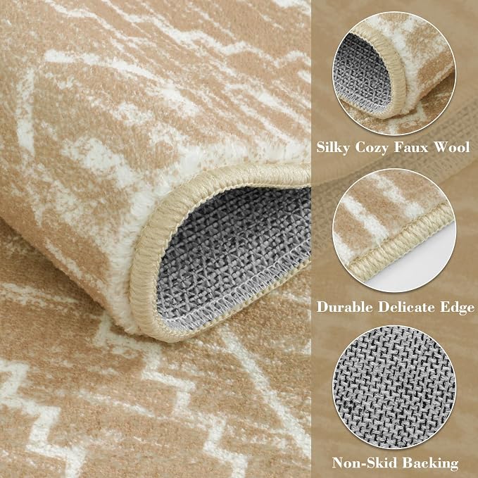 Wonnitar Washable Kitchen Runner Rug 2x6, Moroccan Runners for Hallway, Non Slip Bohemian Soft Bathroom Throw Mat Geometric Carpet Runner for Laundry Entryway Bedroom (Kakhi,2'x6')
