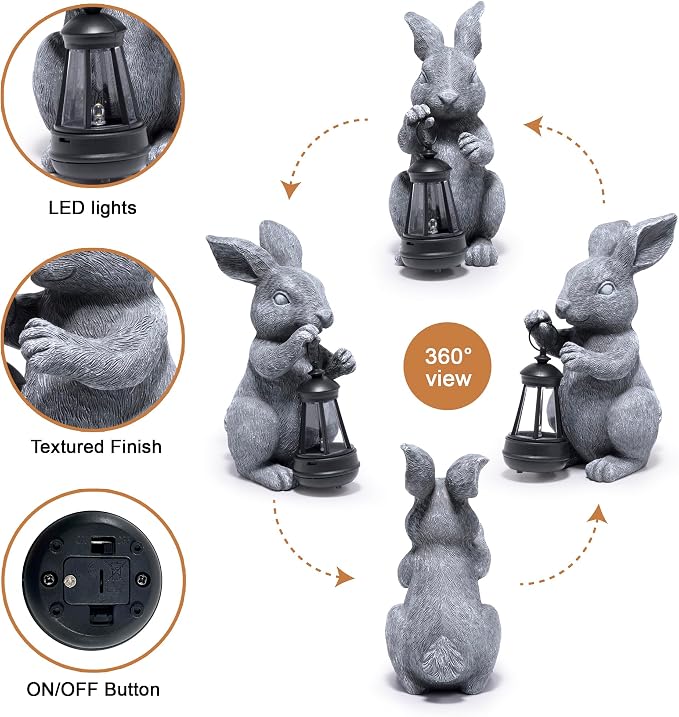 basen Outdoor Bunny Statue with LED Lantern, Battery Powered Resin Rabbit Garden Decor, Weather Resistant Gray Bunny Ornament for Lawn Yard Patio Outdoor Indoor Spring Easter Decoration