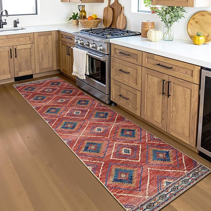 2'x8' Washable Area Rug for Living Room Runner Red/Orange | Soft Western No Slip Low Pile Print Foldable Indoor Small Rug for Kitchen entrance entryway hallway
