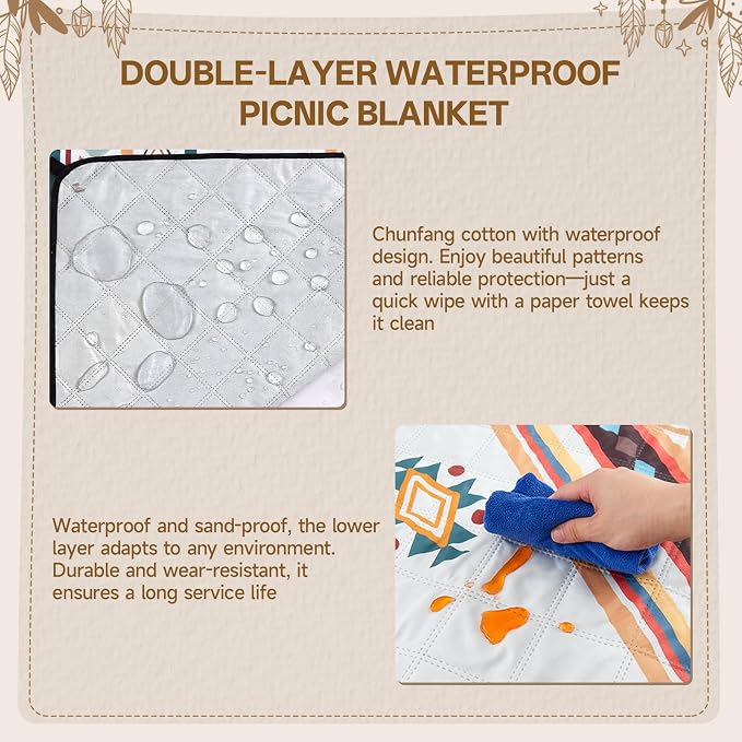 HAUSPROFI Extra Large Picnic Blanket 80"x80" – Waterproof Outdoor Mat for Beach, Camping, Park & Garden, Portable with Carry Strap & 4 Stakes, Machine Washable, Bohemian Pattern