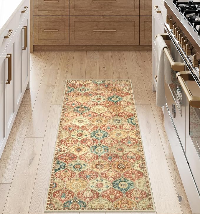 Lahome Moroccan Hallway Rug, 2x5 Washable Kitchen Runner Rug Non Slip | Kitchen Runners for Hallways Trellis Ultra-Thin Vintage Carpet for Bedroom Bathroom Entryway Elise, Red Orange