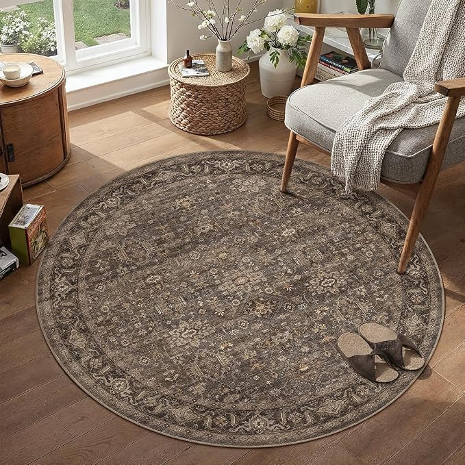 3x3 Dark Brown Vintage Round Rug | Washable, Non Slip, Soft Low Pile, Traditional Farmhouse, for Dining Room Entryway Living Room Bedroom Indoor
