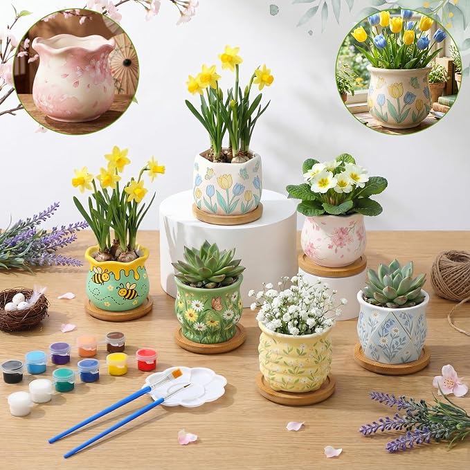 Leitee 15pcs Flower Pots 3 Inch Paint Your Own Ceramic Pot Craft Kit Ready-to-Paint Small Succulent Pots Bulk with Drainage Hole Paint Set Mini Paintable Plant Vase for Spring Birthday DIY Gift