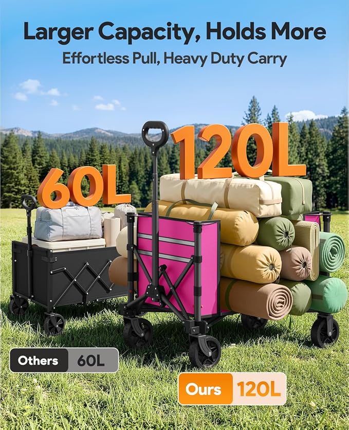 3 in 1 Collapsible Wagon Converts to Bench, 220lbs Foldable Wagon Cart with Wheels, 120L Shopping Cart for Groceries Folding Utility Wagon for Beach, Garden, Camping, Sport, Wheelbarrows, Pink