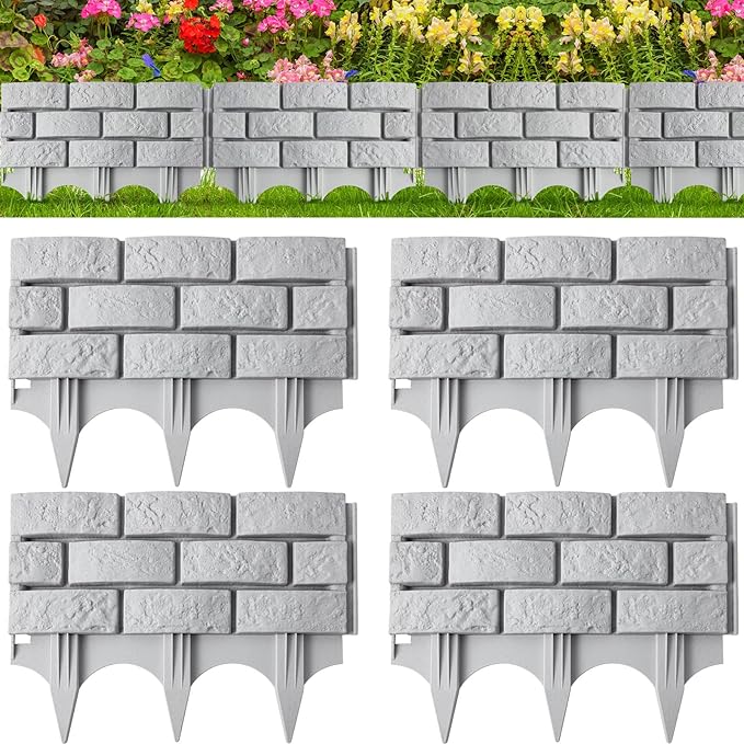 Landical 4 Pcs Imitation Stone Garden Fence, Faux Stone Retaining Wall Look Garden Bricks Border with Ground Stakes, 17.3 x 12.6 in Gray Plastic Edging Blocks for Flower Beds, Lawn, Mulch (Gray)