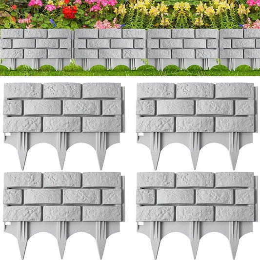 Landical 4 Pcs Imitation Stone Garden Fence, Faux Stone Retaining Wall Look Garden Bricks Border with Ground Stakes, 17.3 x 12.6 in Gray Plastic Edging Blocks for Flower Beds, Lawn, Mulch (Gray)