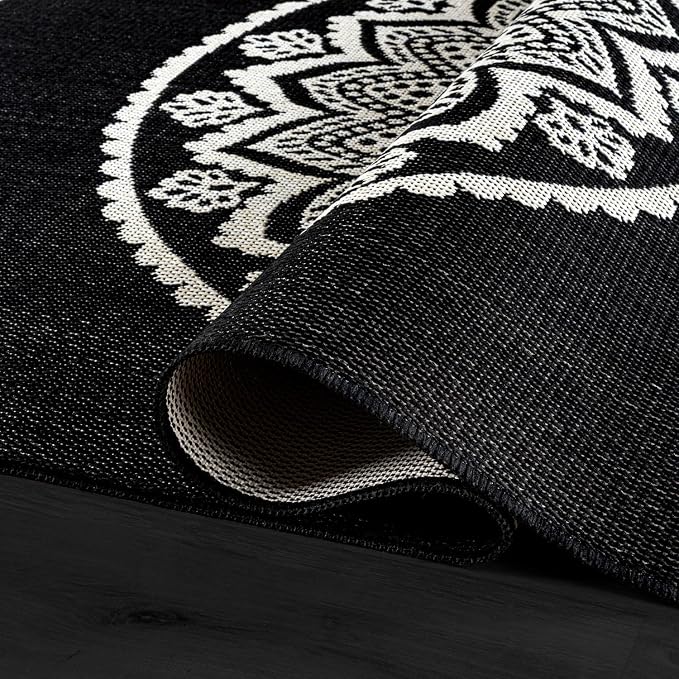 CAMILSON Outdoor Rug 9x12 Modern Large Area Rugs for Indoor and Outdoor Patios and Porches - Waterproof Washable Non-Shedding Easy-to-Clean Outside Carpet (9 x 12 Medallion - Black/White)