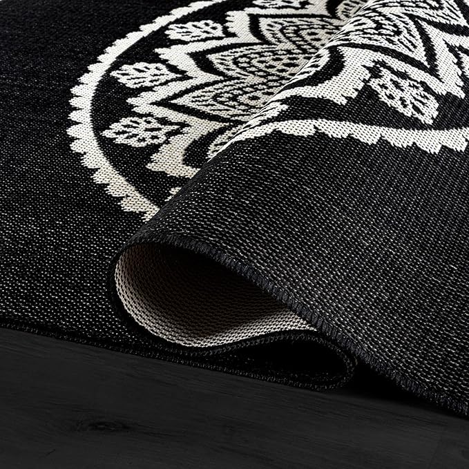 CAMILSON Outdoor Rug 8x10 Modern Area Rugs for Indoor and Outdoor Patios and Porches - Waterproof Washable Non-Shedding Easy-to-Clean Outside Carpet (8 x 10 Medallion - Black/White)