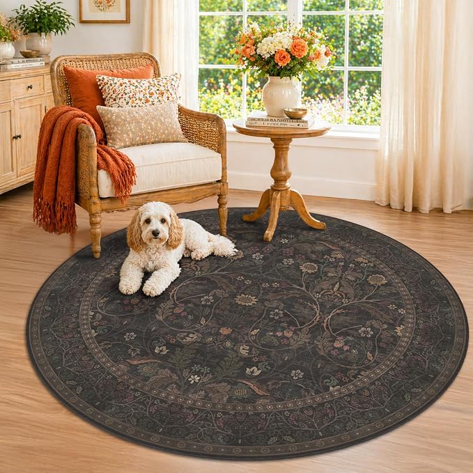 5ft Round Small Living Room Area Rug Washable, Moody Cottagecore Floral Circle Rug, Dark Brown Botanical Small Carpet with Non-Slip Backing, Low Pile Soft Floor Decor for Reading Corner, Entryway