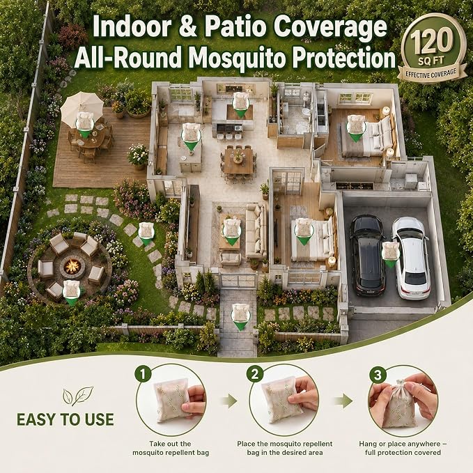 Natural Mosquito Repellent Outdoor Patio, Indoor & Outdoor Use, Mosquito Repellent Sachets for Yard, Patio, Camping & Travel, 60-Day Mosquito Control, Child&Pets Friendly- 8 Pack