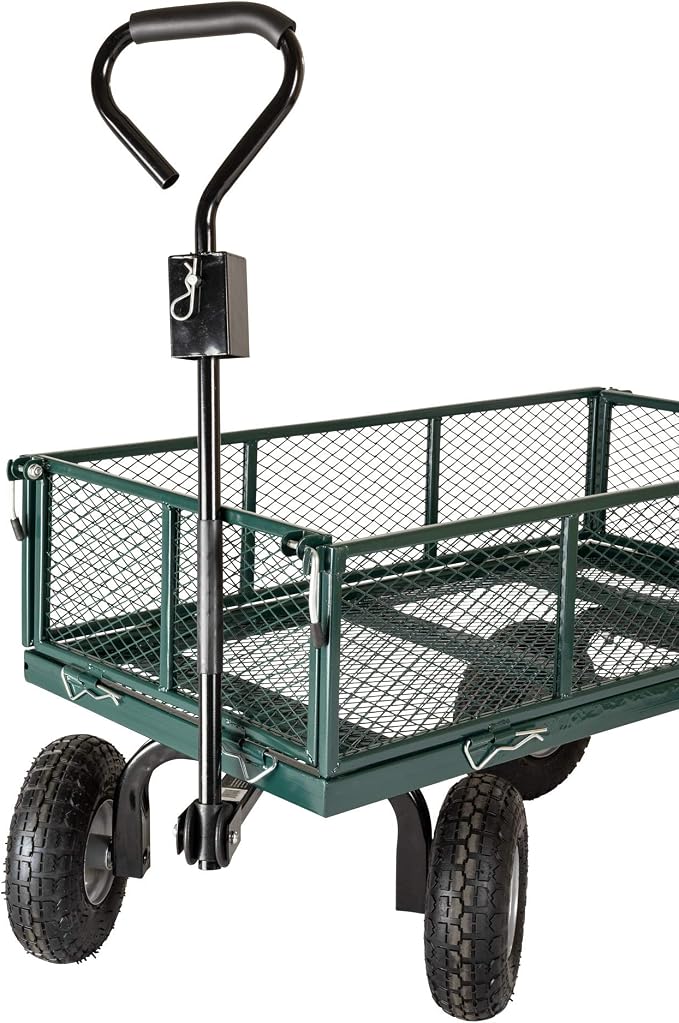 Garden Star 70107 Garden Cart/Utility Cart, Hinged/Removeable Sidewalls, Four 10-inch Wheels, Loop Handle with Convertible Hitch Attachment, Steel Powder-Coated Mesh Frame, 700-pound Capacity, Green