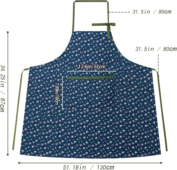 Women's Vintage Floral Kitchen Apron for Cooking & Gardening | Adjustable Neck Straps & Large Pockets, Cute Pinafore for Baking Tea Time, Practical Hostess Gift(Navy2)