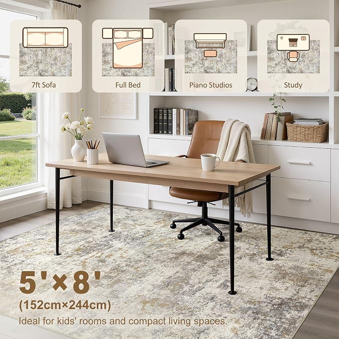 kakania Washable 5x8 Area Rug for Living Room: Abstract Modern Home Decor | Soft Stain Resistant, Low-Pile, Non-Slip, Pet & Kid Friendly, Thin Rug for Bedroom/Dining Room/Kids Dorm - Brown Gold