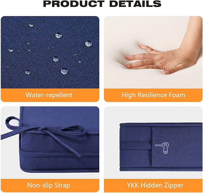Square Corner Seat Cushions, 19" x 19" x 3", Set of 4, Indoor Outdoor Water Repellent Universal Chair Pads with Ties for Patio Furniture, Garden Deck Dining Chairs, Navy