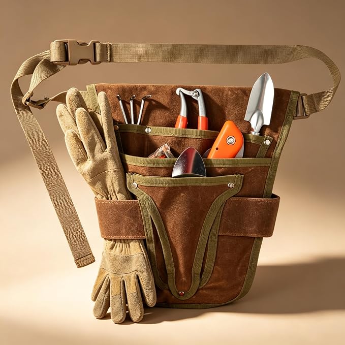 Gardening Tool Pouch for Waist, Hands-Free Canvas Tool Belt with 6 Pockets – Adjustable Waist Apron for Gradenging Tools (Gardening Tools NOT Included)-(Brown)