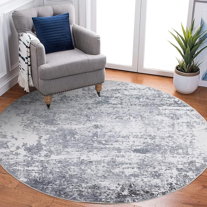 ROYHOME Modern Abstract 4x4 Round Area Rug Non Slip, Light Grey | Non Shedding Rug Low Pile Stain Resistant for Bedroom Living Room office Dining Room