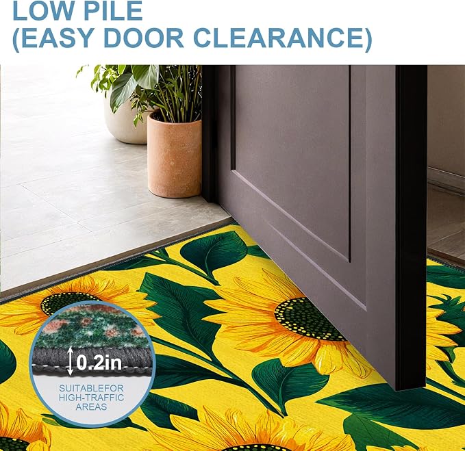 Sunflower 2x3 Entryway Rug,Spring Summer Cheerful Door Mat for Kitchen,Sunroom,Front Door -Washable Non-Slip Rubber Backing Indoor Outdoor- Bright Floral Farmhouse Decor