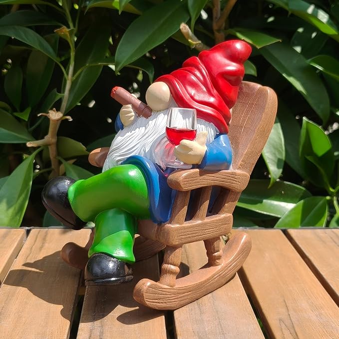 Funny Garden Gnomes for Outdoor, 7 Inch Gnomes Decorations for Yard with Rocking Chair & Wine Glass, Gnome Garden Decor for Home Patio Lawn, Gnomes Gifts for Women Spring Summer Christmas Halloween