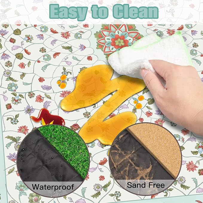 Picnic Blankets Extra Large Waterproof, 80"x 60" Boho Floral Beach Mat with Corner Pockets Windproof Sandproof Foldable Portable 3-Layer Mat for Wet Grass,Parks,Music Festival,Camping,Concerts