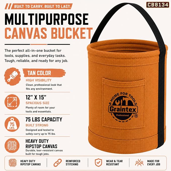 Graintex Canvas Utility Bucket 12"x15", Round Tool Bucket, Reinforced Base & Carry Handle, Ripstop Canvas, Multi-Purpose Bag for Jobsite, Home Use - Tan