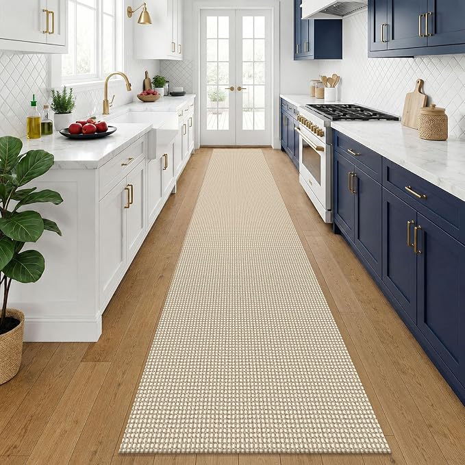 KOZYFLY Cotton 2.5'x14' Runners Rugs for Hallway, Long Washable Runner Rug, Woven Non Slip Kitchen Runner, Flatweave Entryway Rug, Floor Carpet for Entry, Aisle, Hall, Ivory/Camel/Brown